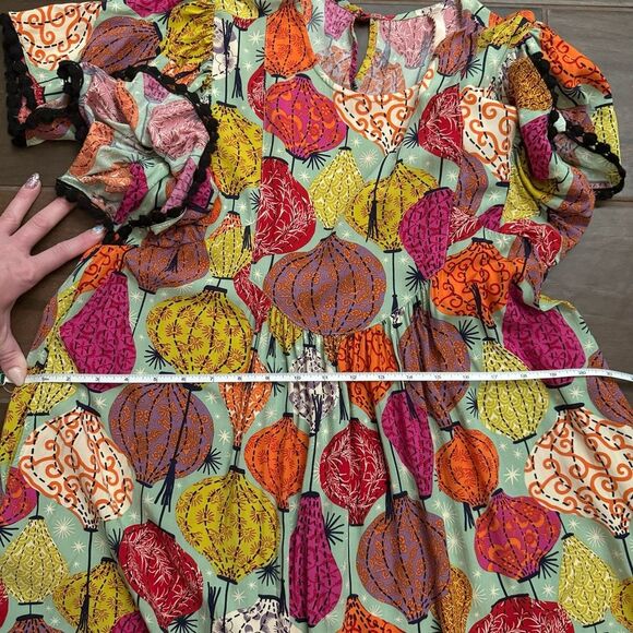 Uncle Frank Chinese Lantern Print Multicolor Short Sleeve Rayon Mini Swing Dress - Picture 14 of 15